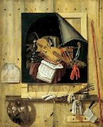 Cornelius Gijsbrechts Trompe l ail mit Atelierwand und Vanitasstillleben oil